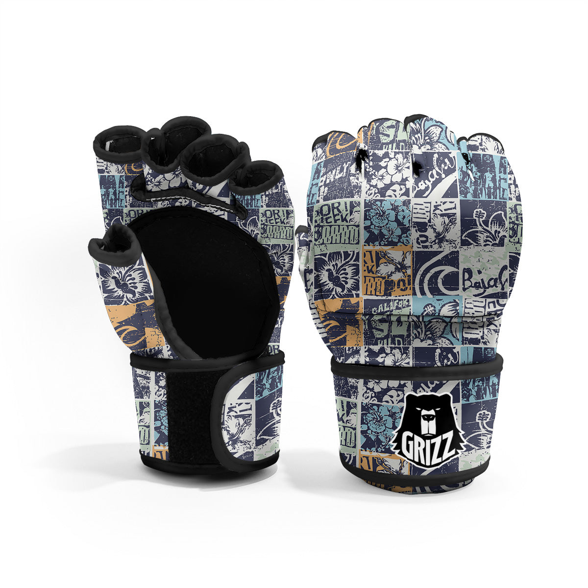 Vintage Patchwork Surfing Print Pattern MMA Gloves-grizzshop