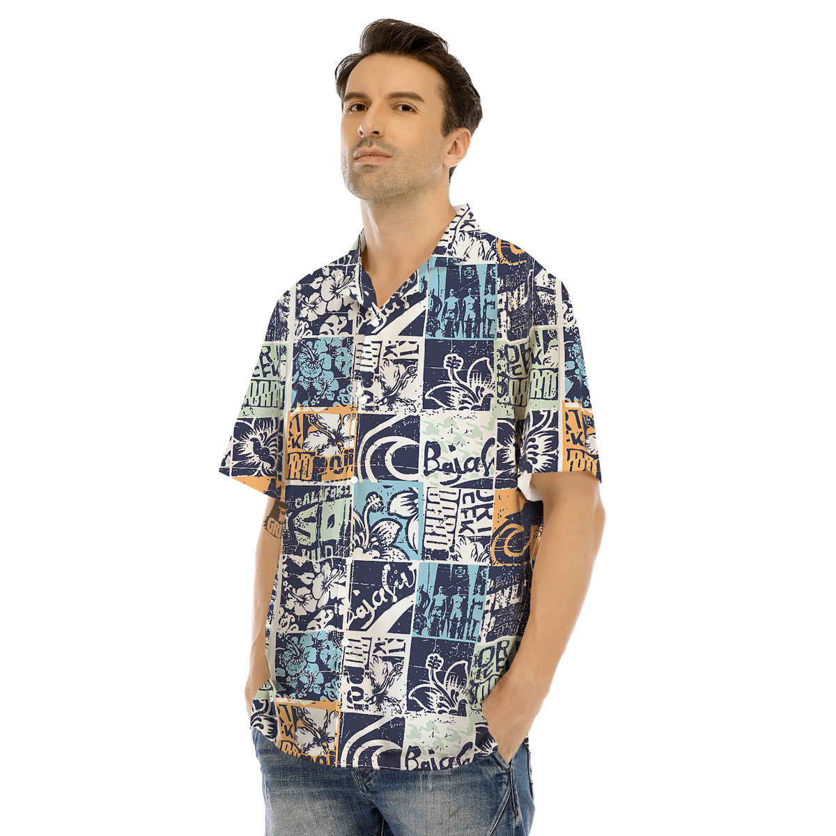 Vintage Patchwork Surfing Print Pattern Men's Hawaiian Shirt-grizzshop