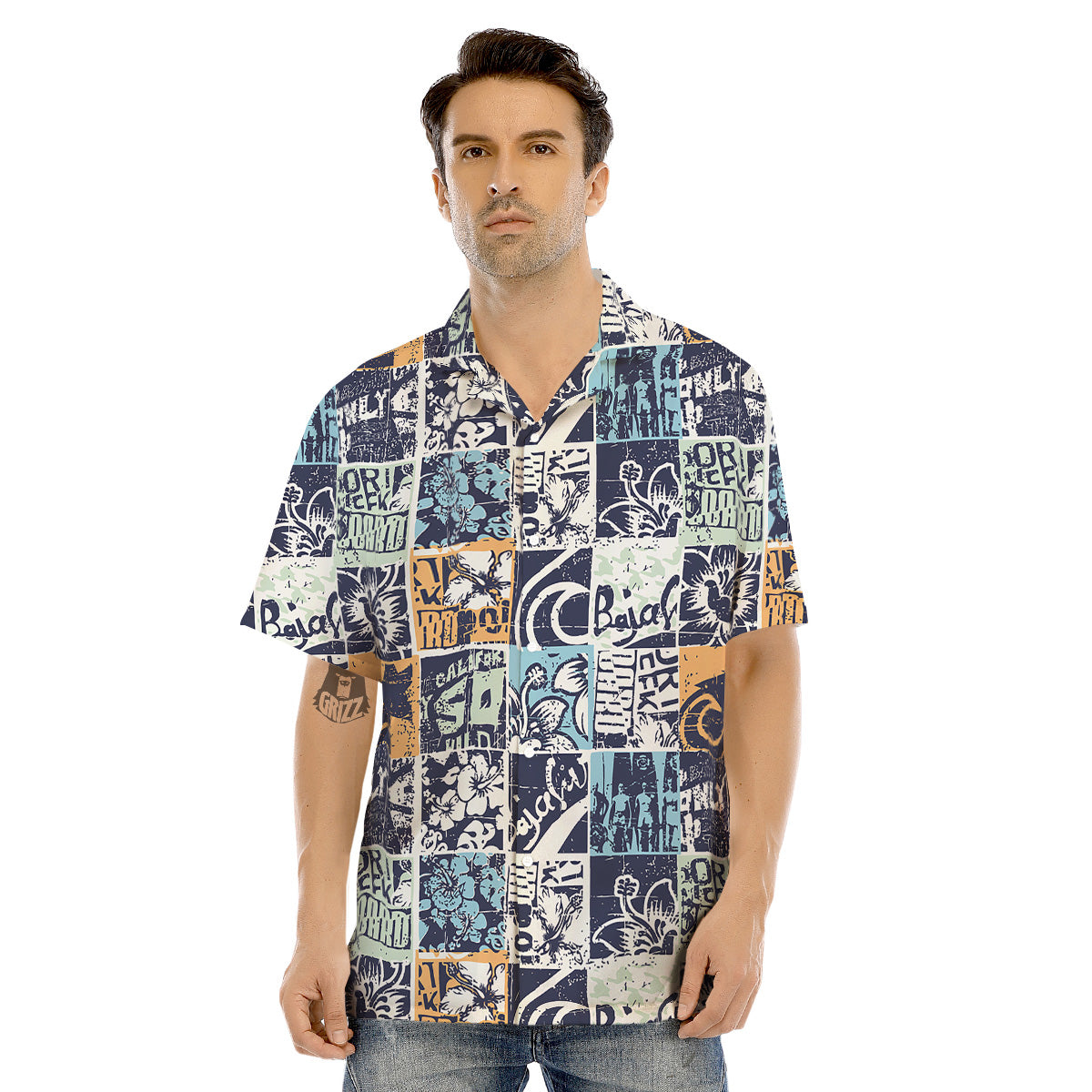 Vintage Patchwork Surfing Print Pattern Men's Hawaiian Shirt-grizzshop