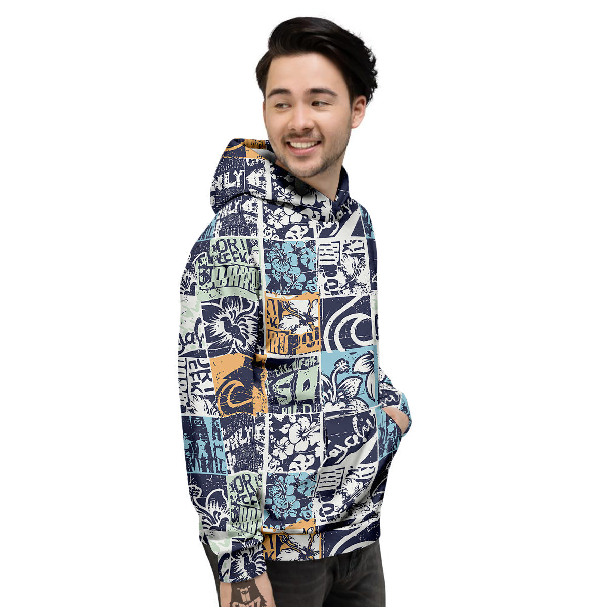 Vintage Patchwork Surfing Print Pattern Men's Hoodie-grizzshop
