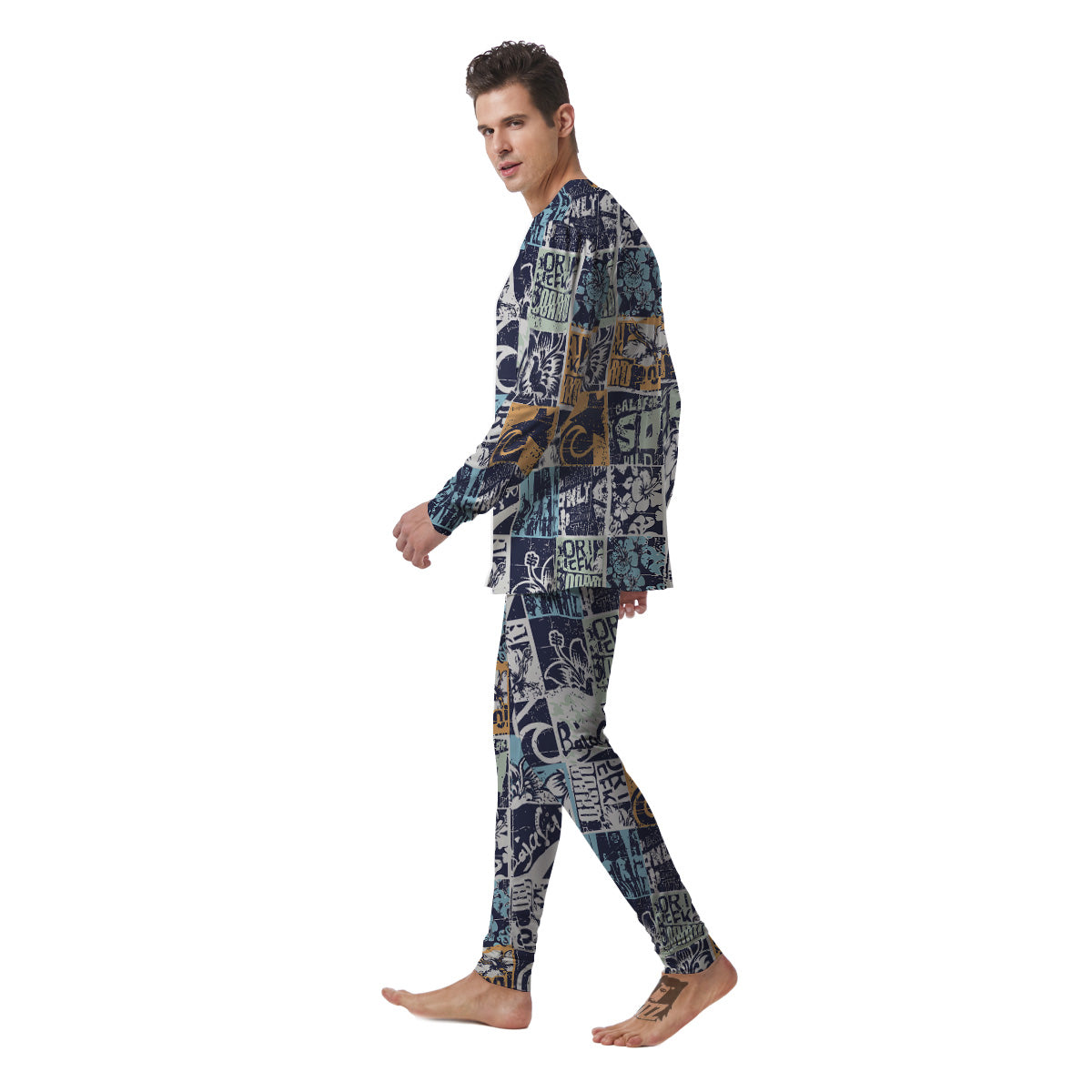Vintage Patchwork Surfing Print Pattern Men's Pajamas-grizzshop