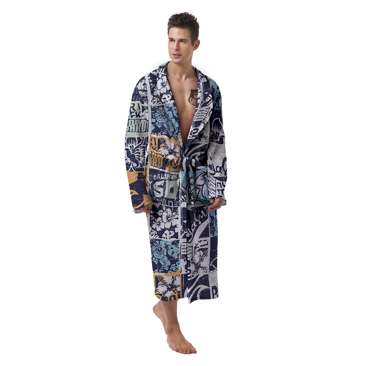 Vintage Patchwork Surfing Print Pattern Men's Robe-grizzshop