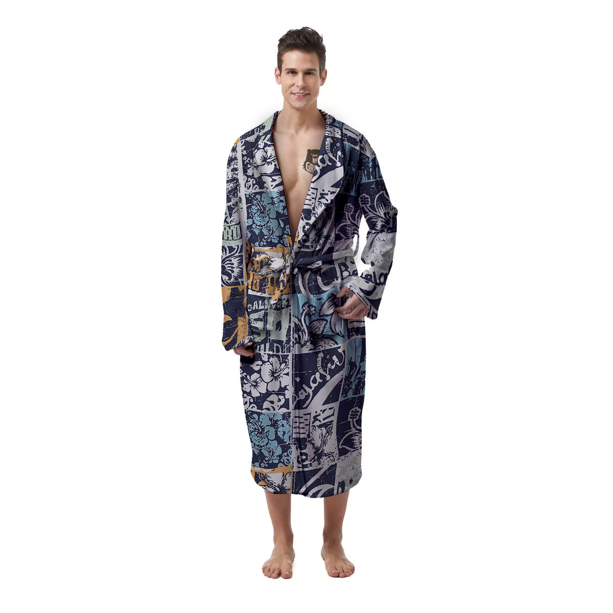 Vintage Patchwork Surfing Print Pattern Men's Robe-grizzshop