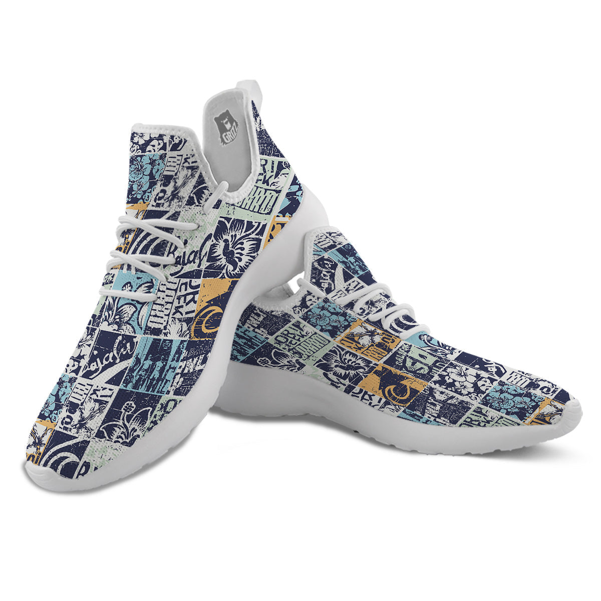 Vintage Patchwork Surfing Print Pattern White Athletic Shoes-grizzshop