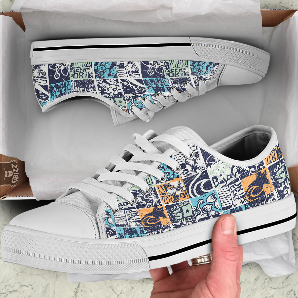Vintage Patchwork Surfing Print Pattern White Low Top Shoes-grizzshop