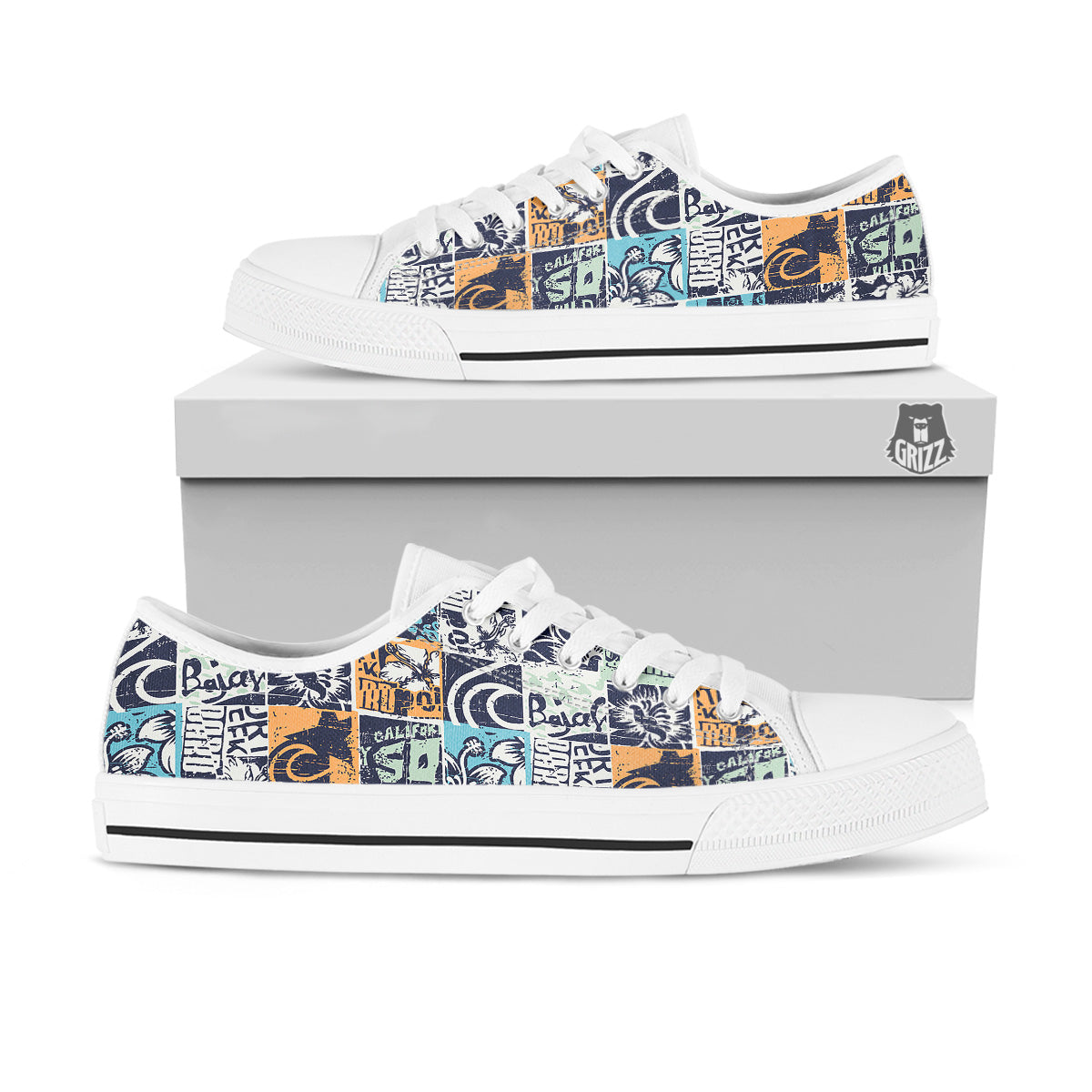 Vintage Patchwork Surfing Print Pattern White Low Top Shoes-grizzshop