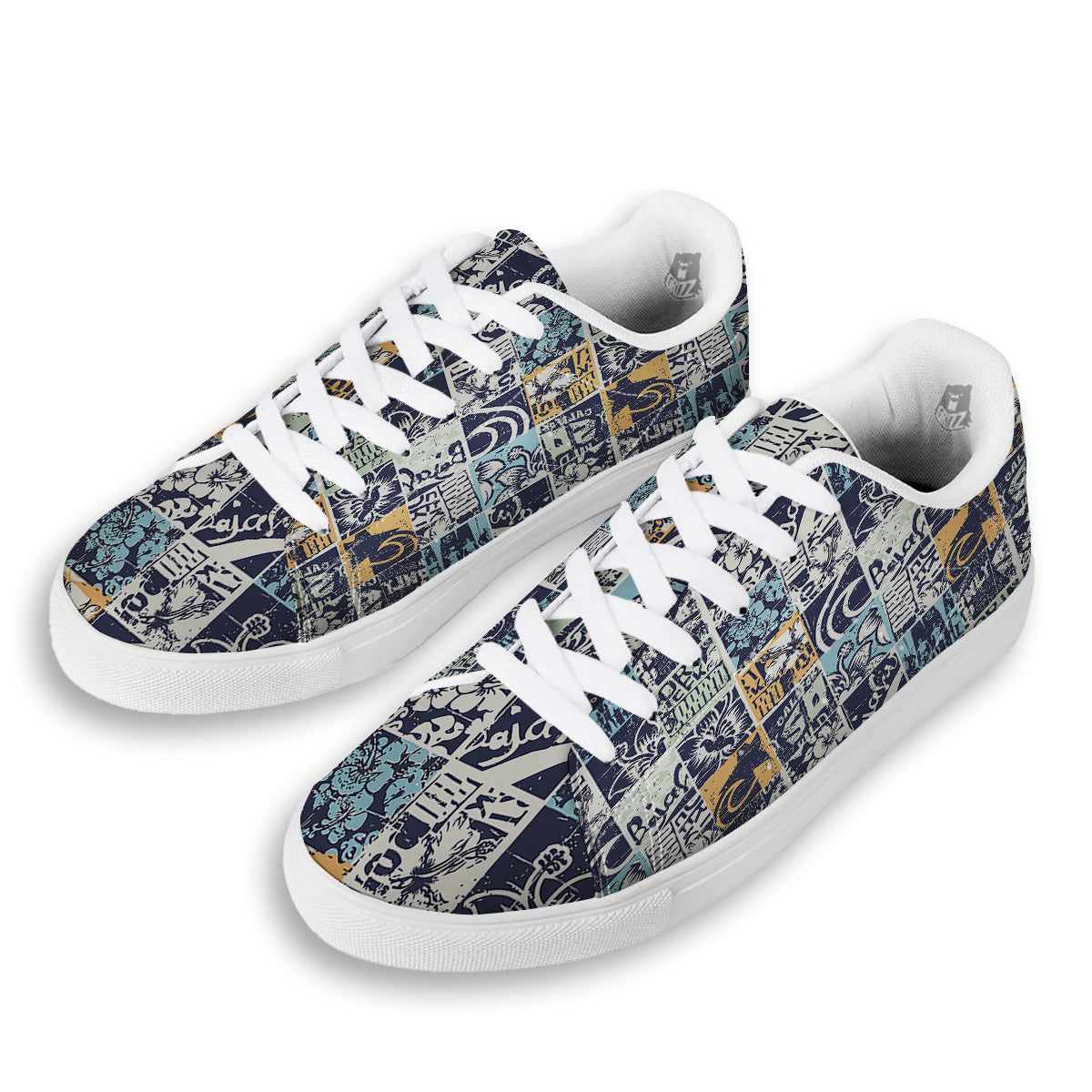 Vintage Patchwork Surfing Print Pattern White Low Top Sneakers-grizzshop
