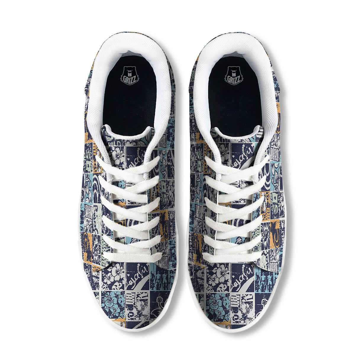 Vintage Patchwork Surfing Print Pattern White Low Top Sneakers-grizzshop