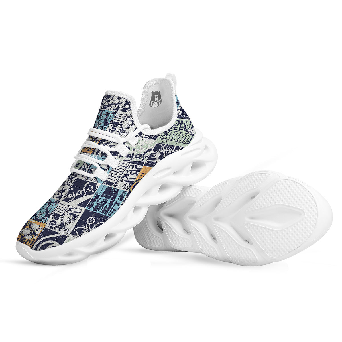 Vintage Patchwork Surfing Print Pattern White Running Shoes-grizzshop