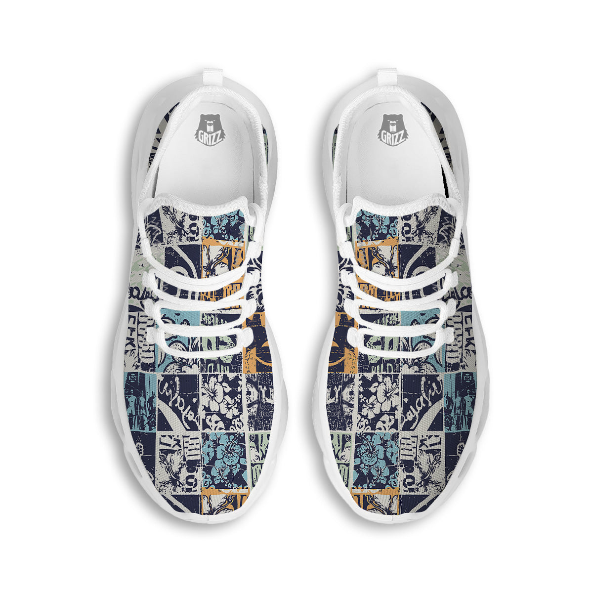 Vintage Patchwork Surfing Print Pattern White Running Shoes-grizzshop