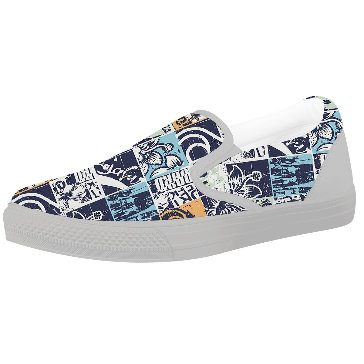Vintage Patchwork Surfing Print Pattern White Slip On Shoes-grizzshop