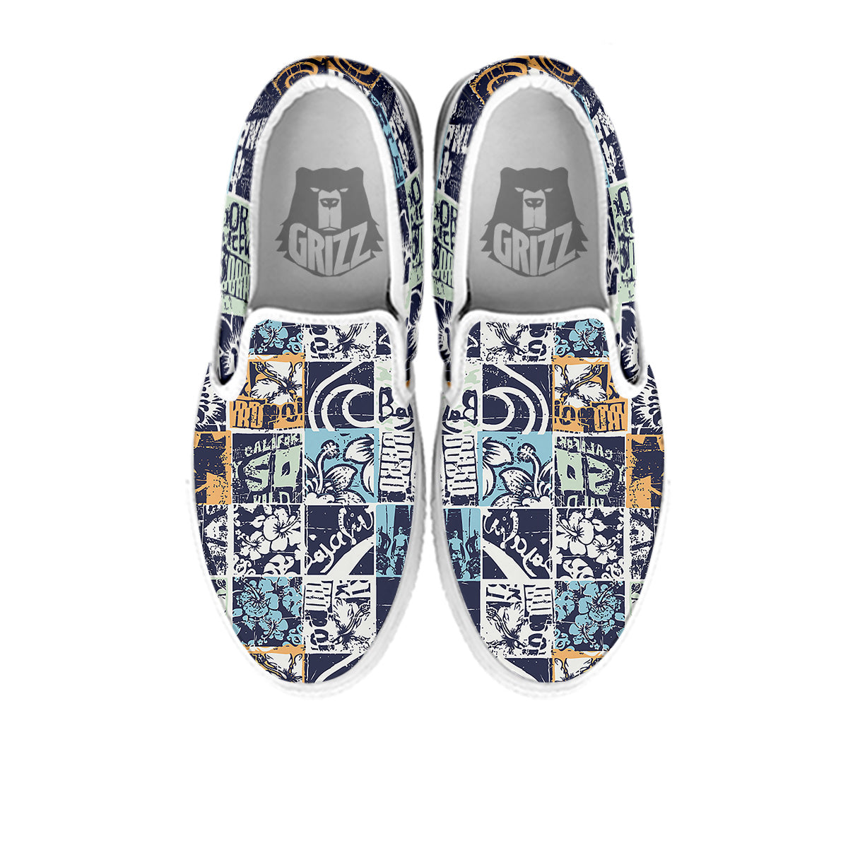 Vintage Patchwork Surfing Print Pattern White Slip On Shoes-grizzshop