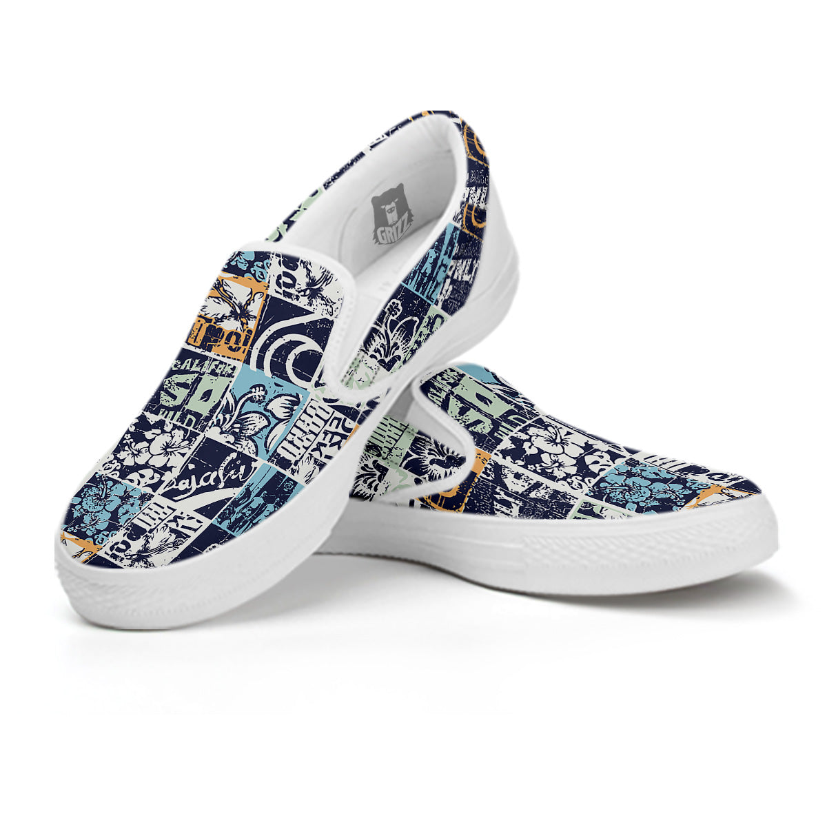 Vintage Patchwork Surfing Print Pattern White Slip On Shoes-grizzshop