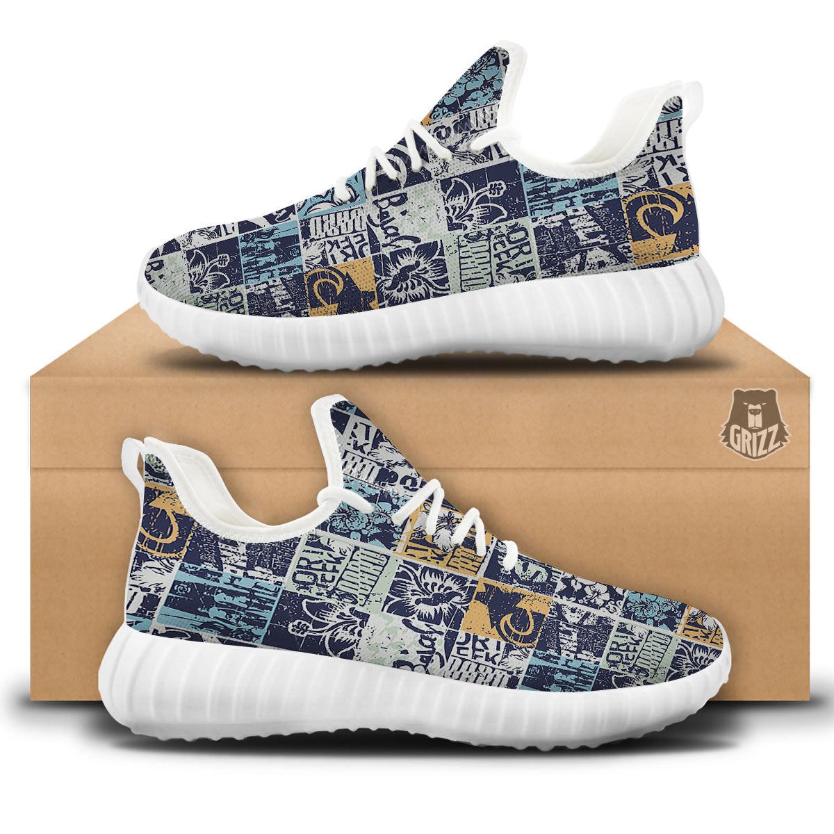 Vintage Patchwork Surfing Print Pattern White Walking Shoes-grizzshop