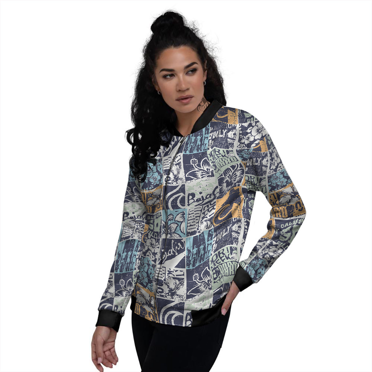 Vintage Patchwork Surfing Print Pattern Women's Bomber Jacket-grizzshop