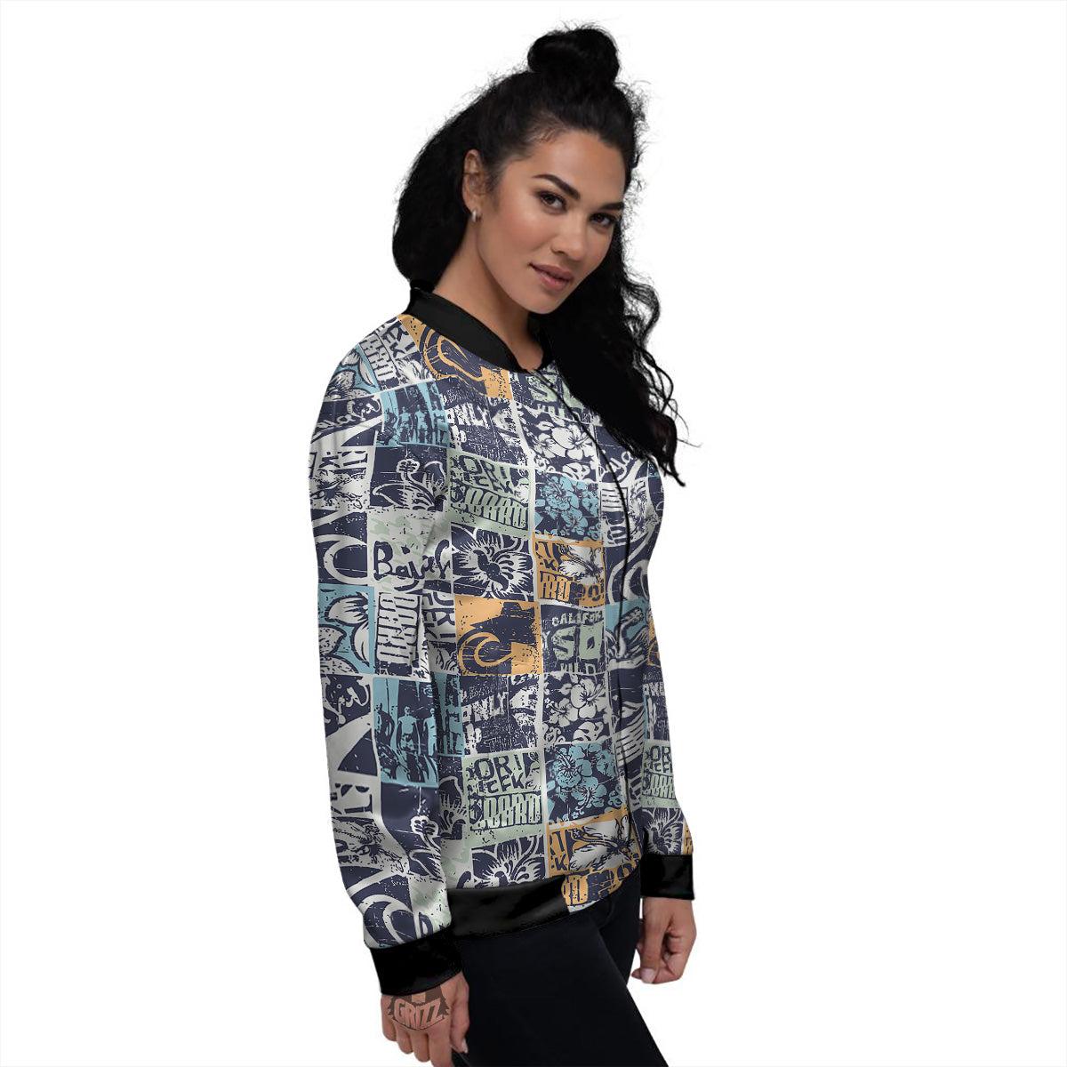 Vintage Patchwork Surfing Print Pattern Women's Bomber Jacket-grizzshop