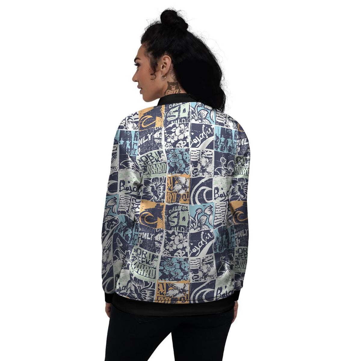 Vintage Patchwork Surfing Print Pattern Women's Bomber Jacket-grizzshop