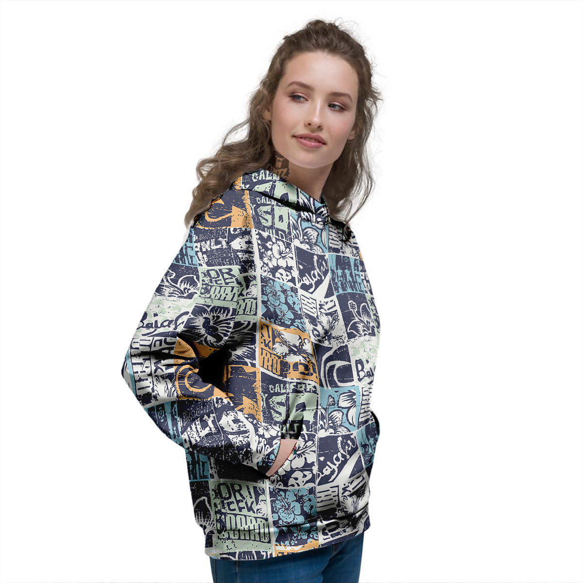 Vintage Patchwork Surfing Print Pattern Women's Hoodie-grizzshop