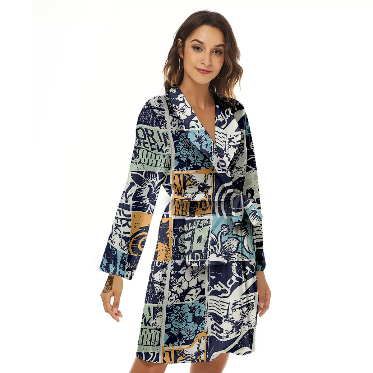 Vintage Patchwork Surfing Print Pattern Women's Robe-grizzshop