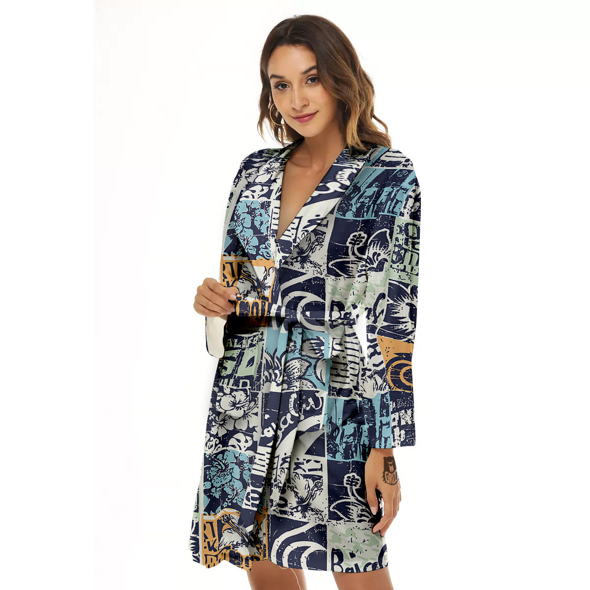 Vintage Patchwork Surfing Print Pattern Women's Robe-grizzshop