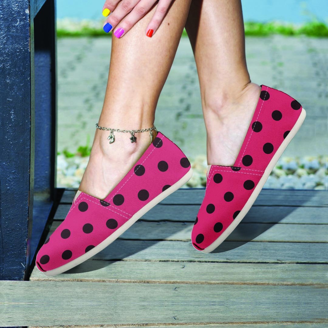 Vintage Pink And Black Polka Dot Canvas Shoes-grizzshop