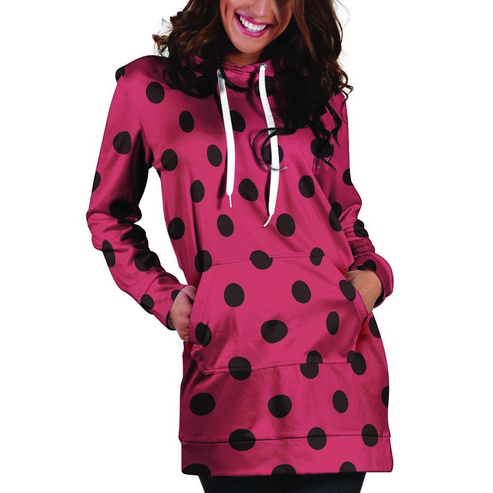 Vintage Pink And Black Polka Dot Hoodie Dress-grizzshop
