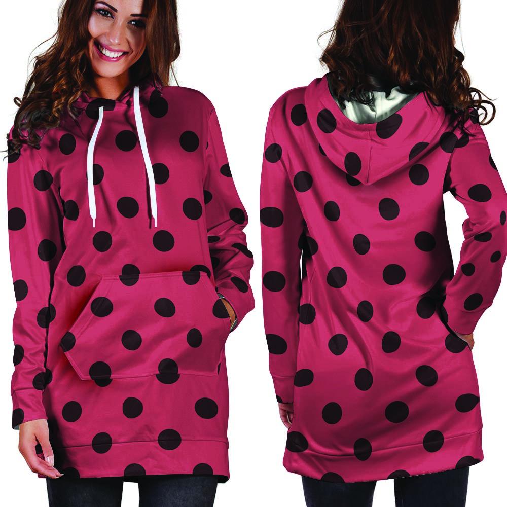 Vintage Pink And Black Polka Dot Hoodie Dress-grizzshop