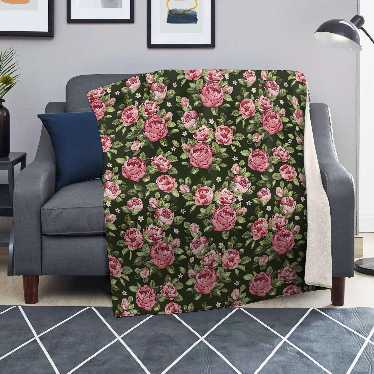 Vintage Pink Rose Floral Print Blanket-grizzshop