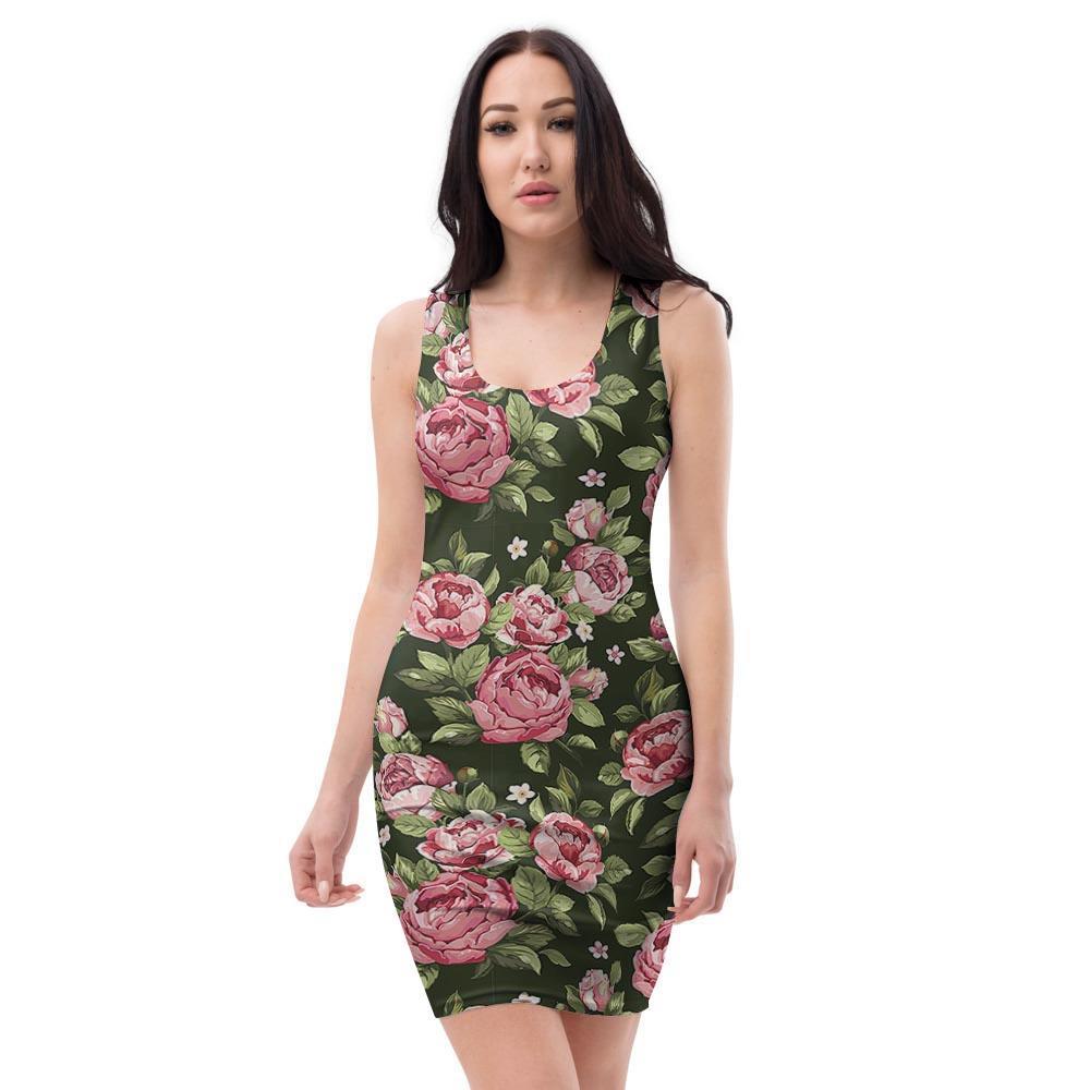 Vintage Pink Rose Floral Print Bodycon Dress-grizzshop