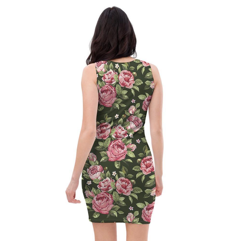 Vintage Pink Rose Floral Print Bodycon Dress-grizzshop