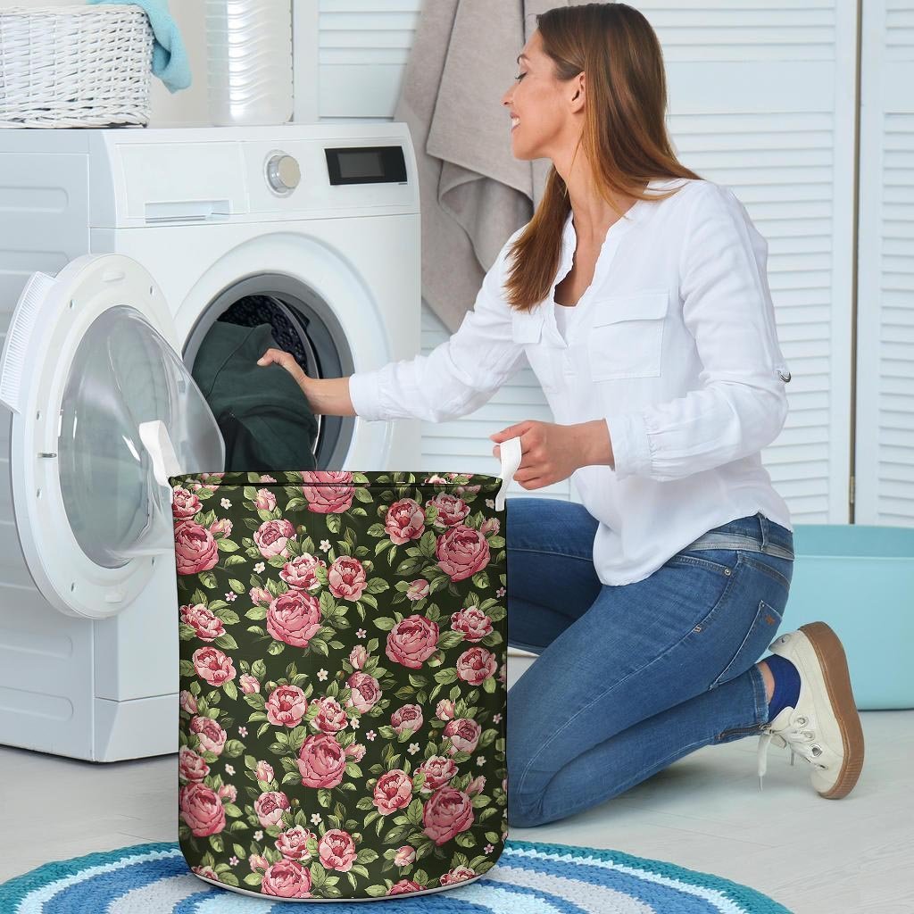 Vintage Pink Rose Floral Print Laundry Basket-grizzshop