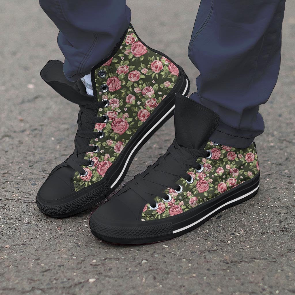 Vintage Pink Rose Floral Print Men's High Top Shoes-grizzshop