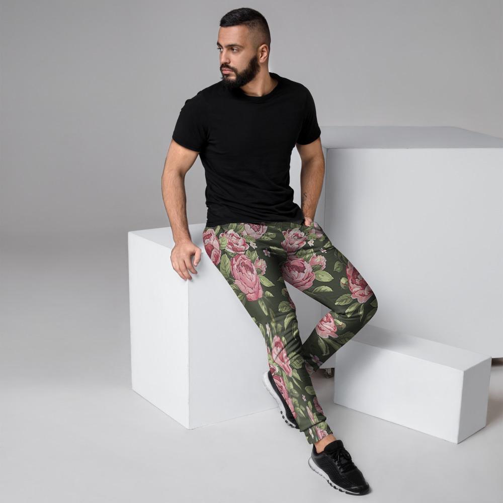 Vintage Pink Rose Floral Print Men's Joggers-grizzshop