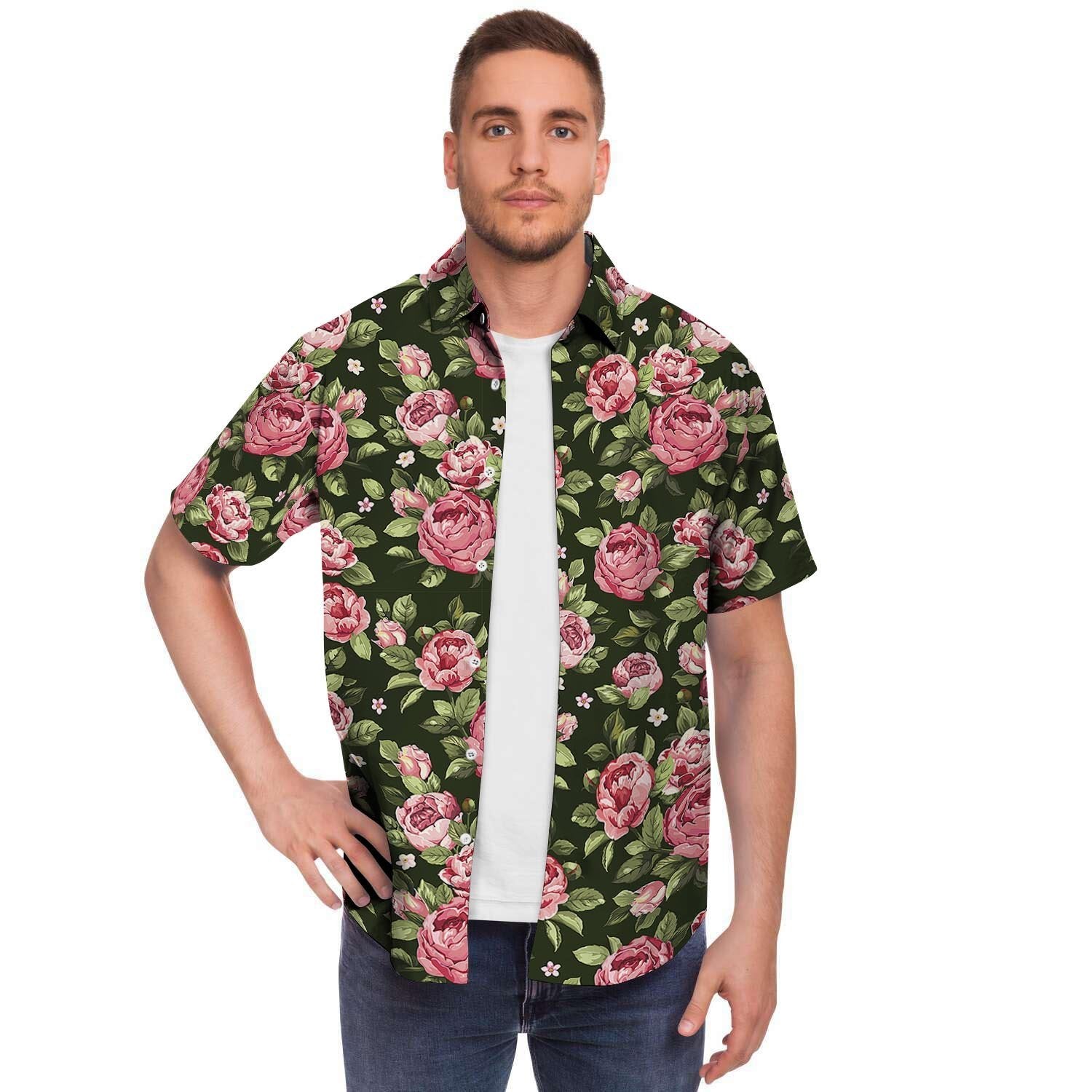 Vintage Pink Rose Floral Print Men's Short Sleeve Shirt-grizzshop
