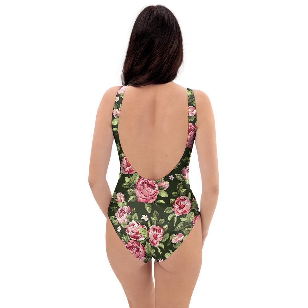Vintage Pink Rose Floral Print One Piece Swimsuite-grizzshop