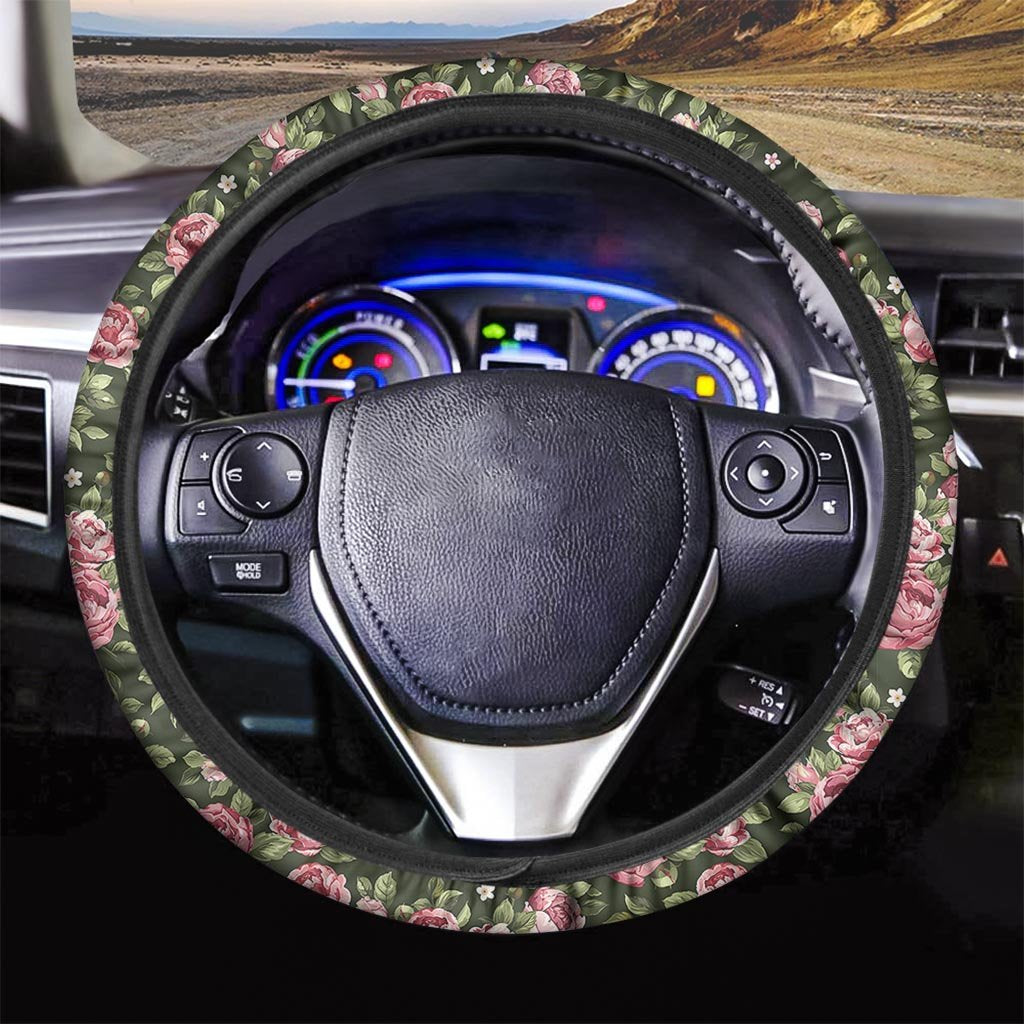 Vintage Pink Rose Floral Print Steering Wheel Cover-grizzshop