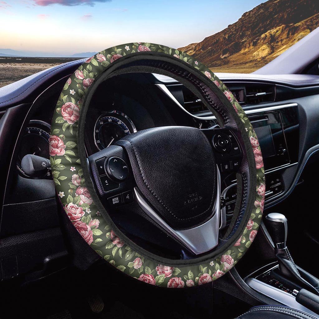 Vintage Pink Rose Floral Print Steering Wheel Cover-grizzshop
