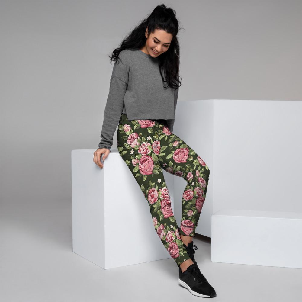 Vintage Pink Rose Floral Print Women's Joggers-grizzshop