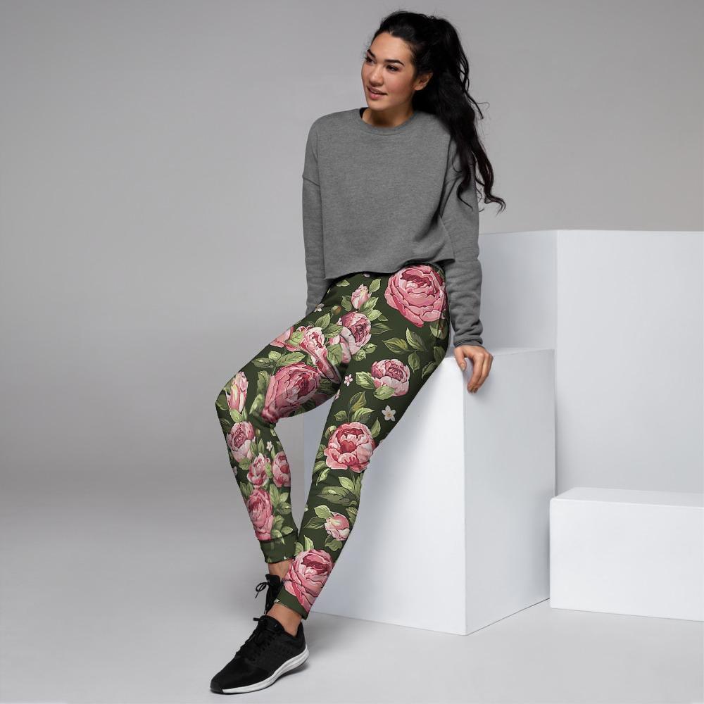 Vintage Pink Rose Floral Print Women's Joggers-grizzshop