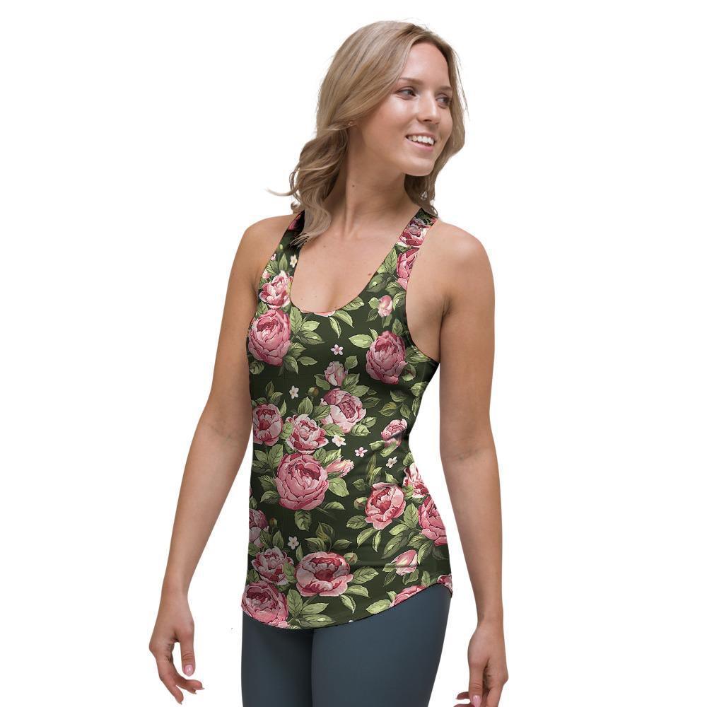 Vintage Pink Rose Floral Print Women's Racerback Tank Top-grizzshop