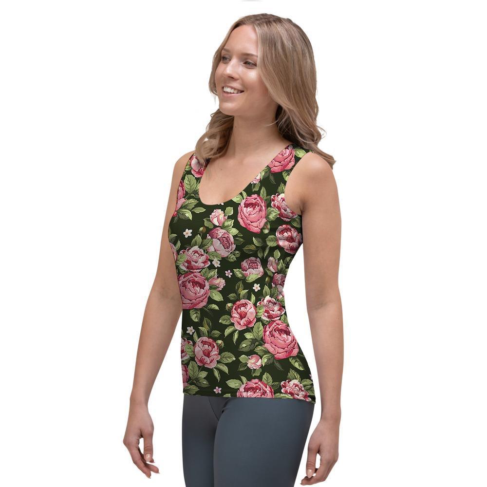 Vintage Pink Rose Floral Print Women's Tank Top-grizzshop