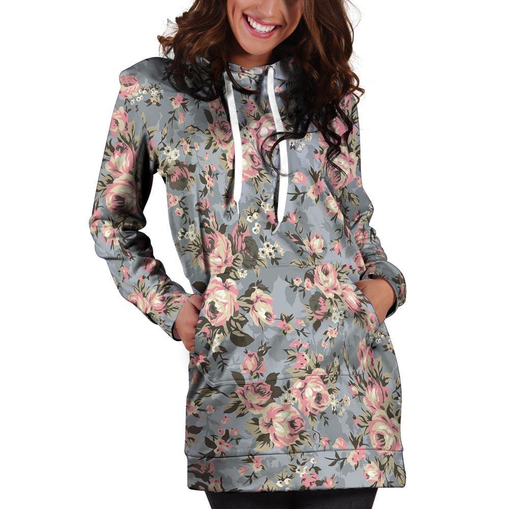 Vintage Pink Rose Flower Print Hoodie Dress-grizzshop