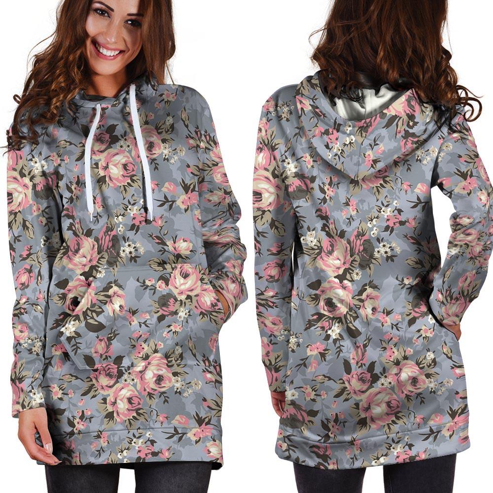 Vintage Pink Rose Flower Print Hoodie Dress-grizzshop
