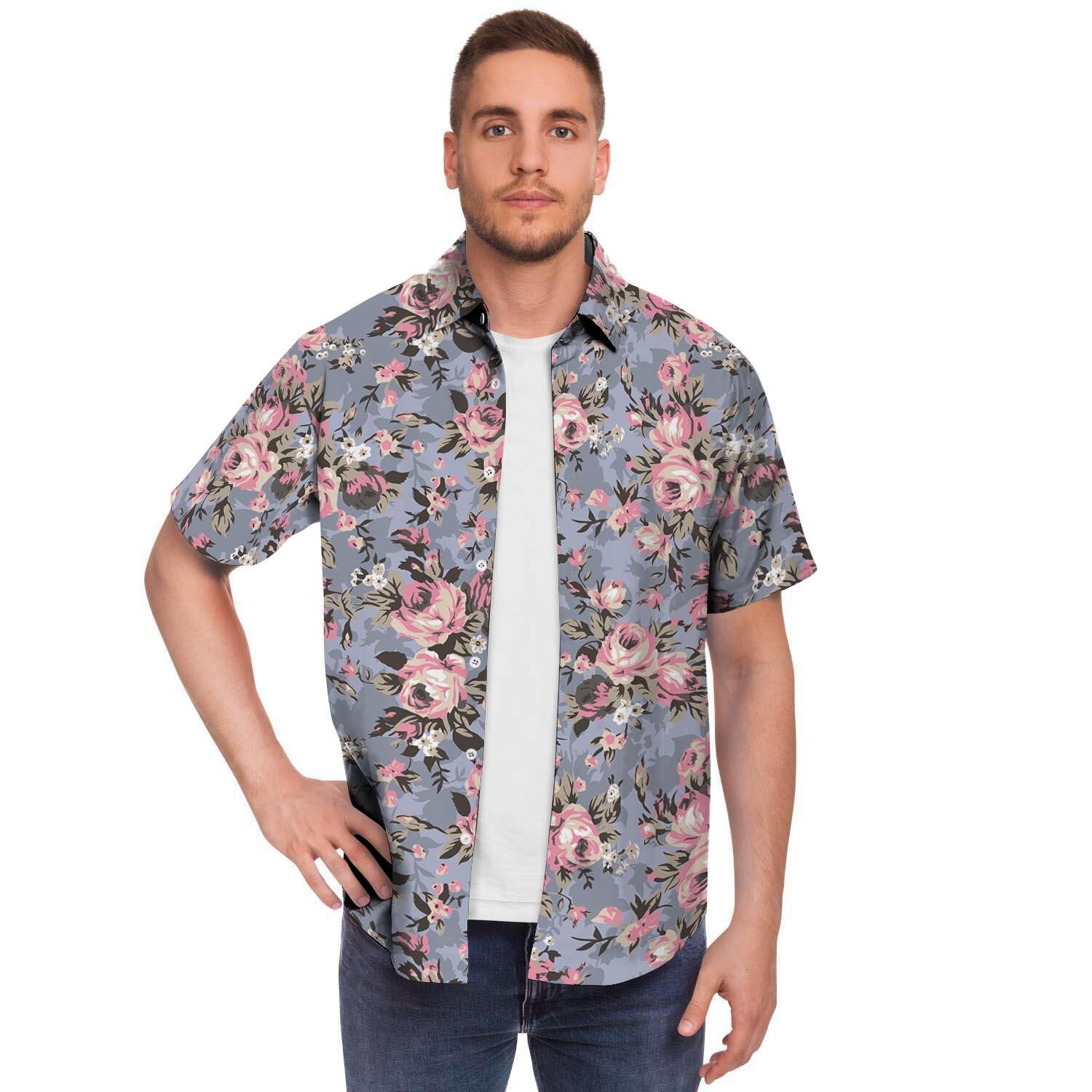 Vintage Pink Rose Flower Print Men's Short Sleeve Shirt-grizzshop