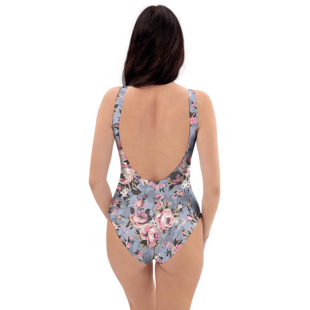 Vintage Pink Rose Flower Print One Piece Swimsuite-grizzshop