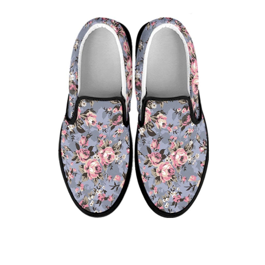 Vintage Pink Rose Flower Print Women's Slip On Sneakers-grizzshop