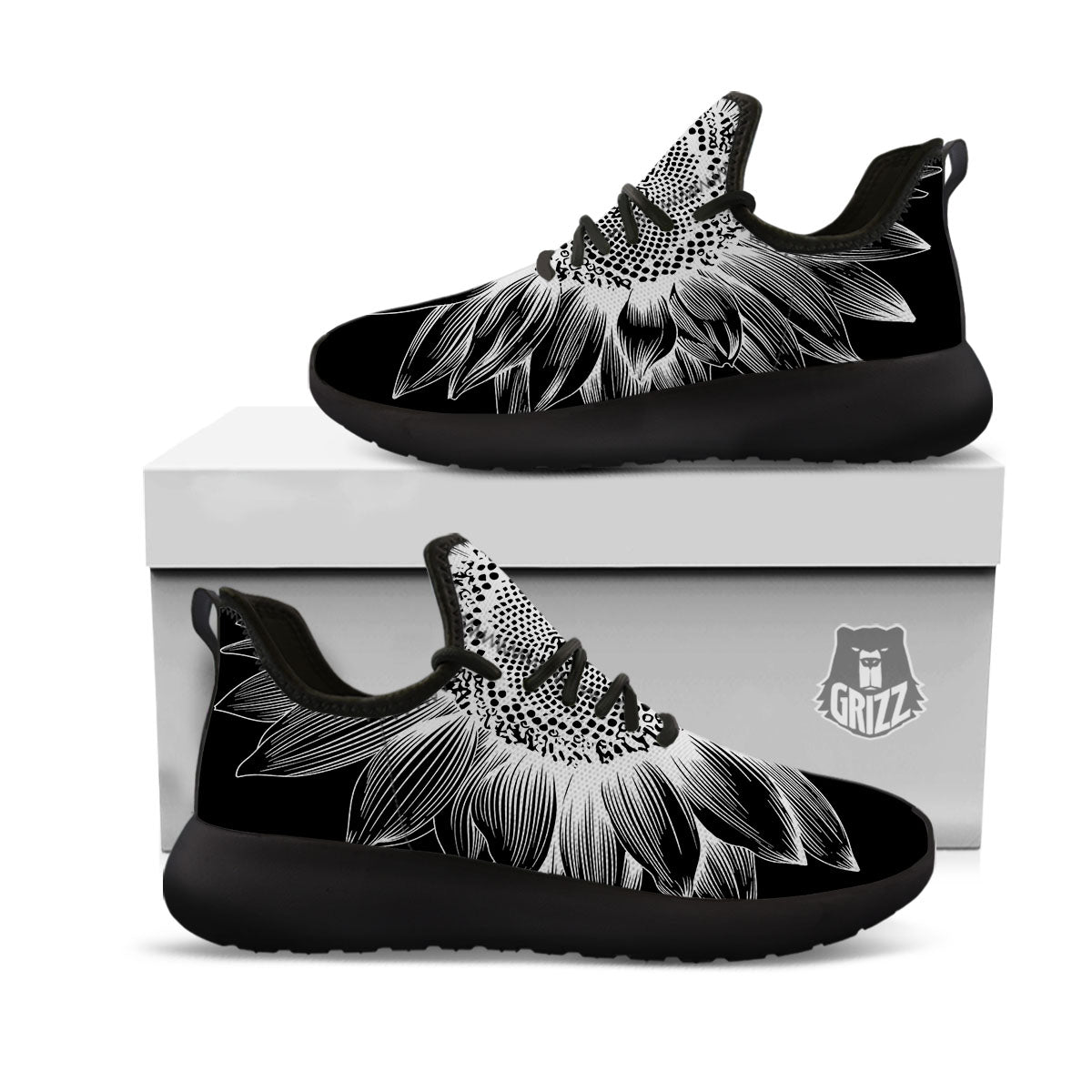 Vintage Sunflower White And Black Print Black Athletic Shoes-grizzshop