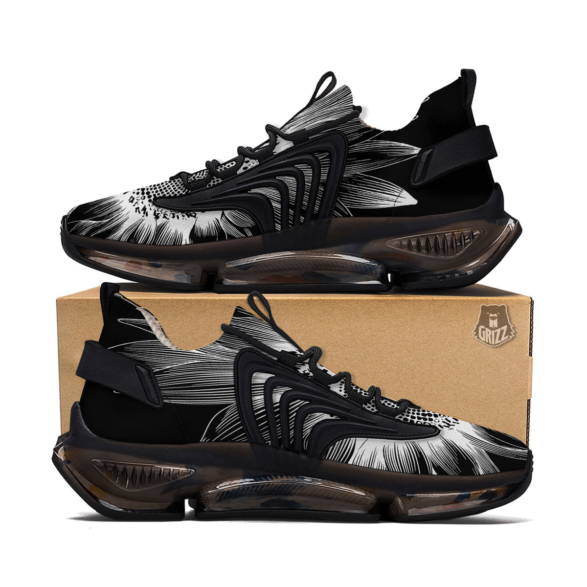 Vintage Sunflower White And Black Print Black Gym Shoes-grizzshop