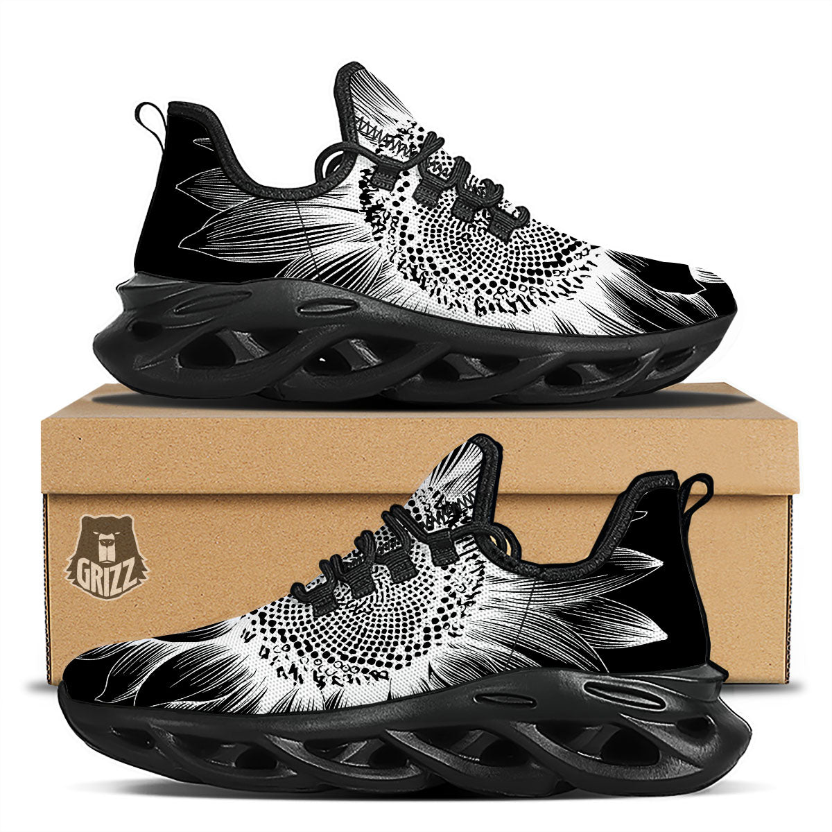 Vintage Sunflower White And Black Print Black Running Shoes-grizzshop