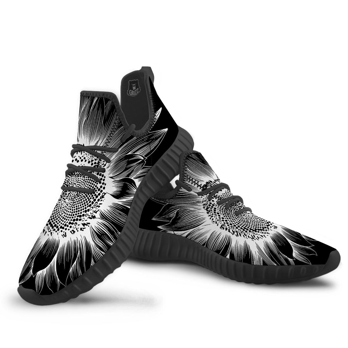 Vintage Sunflower White And Black Print Black Walking Shoes-grizzshop